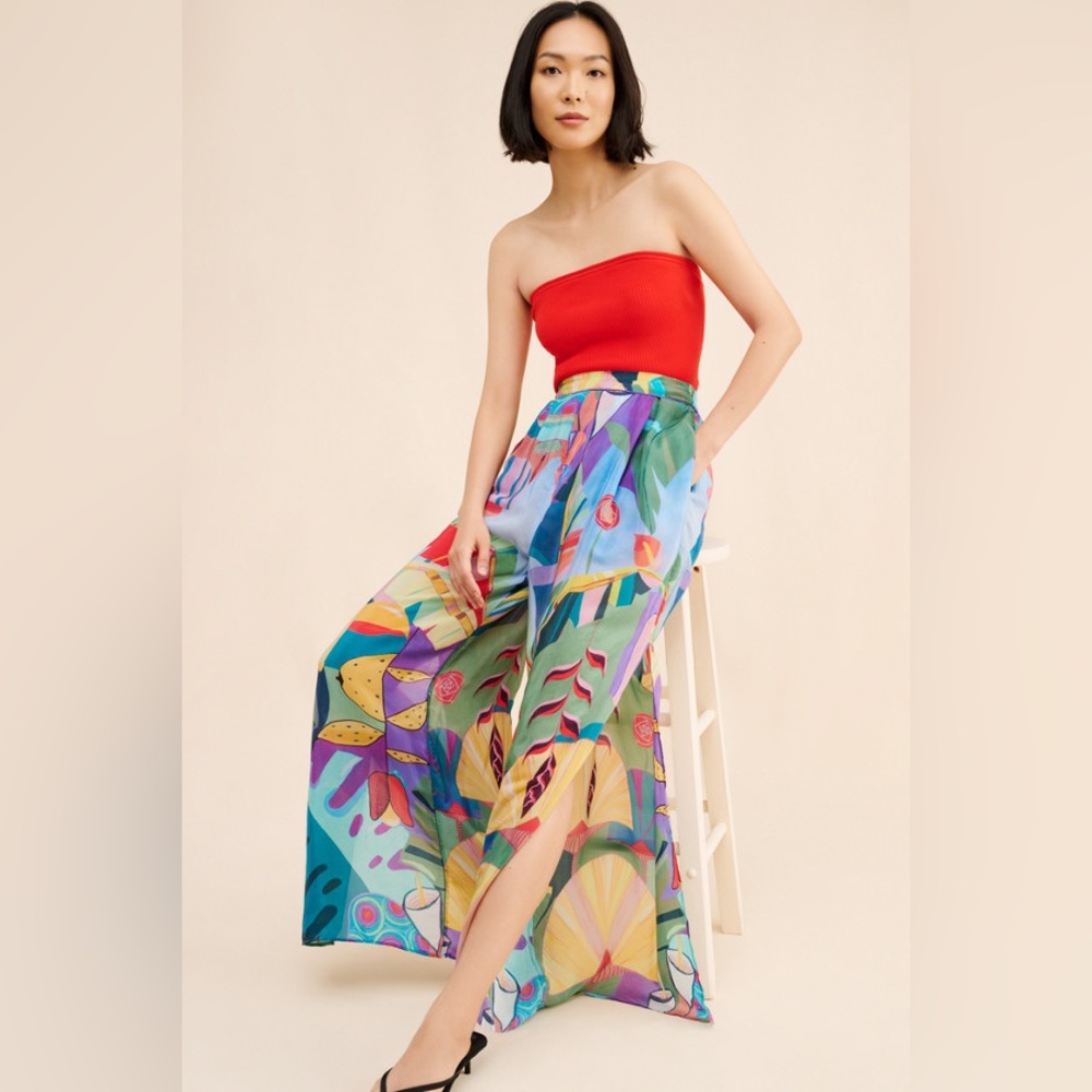 Farm Rio x Anthropologie Tropical Scenario Slit Wide Leg Pants sz L - Picture 2 of 9